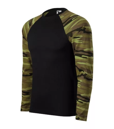 Malfini Camouflage LS - Kerek nyakú, hosszú, terepszínű ujjú unisex póló - Zöld terepszín - XS