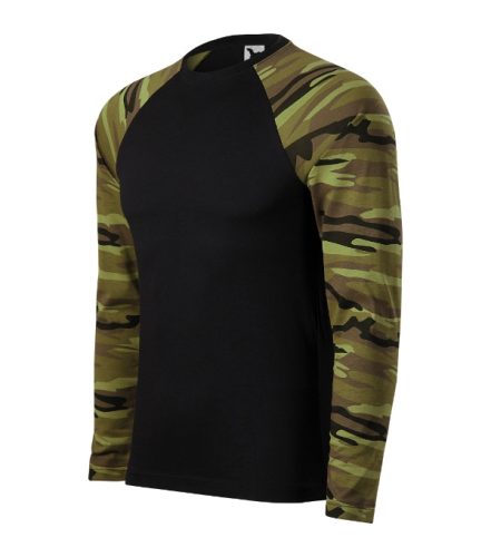 Malfini Camouflage LS - Kerek nyakú, hosszú, terepszínű ujjú unisex póló - Zöld terepszín - 2XL