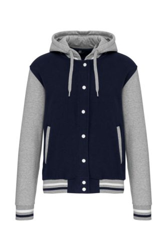 Kariban - Kapucnis, patentos, kontrasztos unisex Teddy pulóver - Tengerészkék/Szürke/Fehér - 2XL