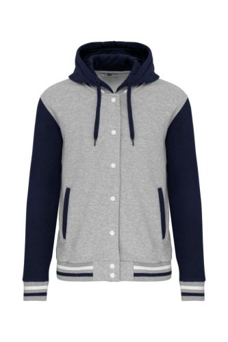 Kariban - Kapucnis, patentos, kontrasztos unisex Teddy pulóver - Szürke/Tengerészkék/Fehér - 2XL