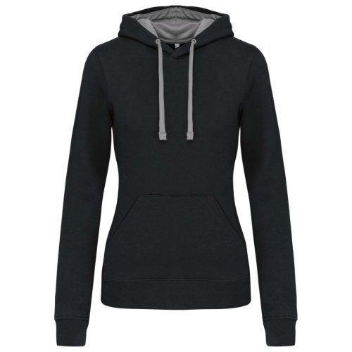 Kariban - Kontrasztos kapucnis, kenguruzsebes női pulóver - Fekete/Szürke - 2XL