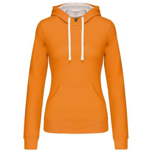 Kariban - Kontrasztos kapucnis, kenguruzsebes női pulóver - Narancssárga/Fehér - 2XL