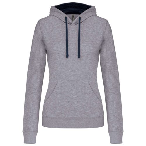 Kariban - Kontrasztos kapucnis, kenguruzsebes női pulóver - Szürke/Tengerészkék - 2XL