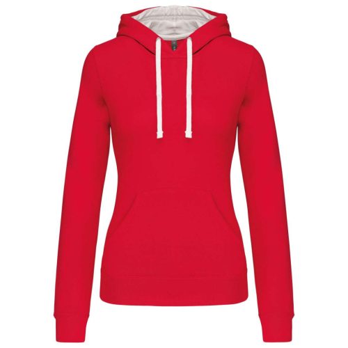Kariban - Kontrasztos kapucnis, kenguruzsebes női pulóver - Piros/Fehér - 2XL