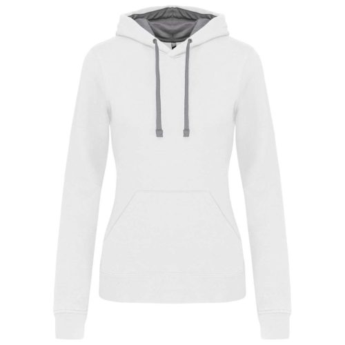 Kariban - Kontrasztos kapucnis, kenguruzsebes női pulóver - Fehér/Szürke - 2XL