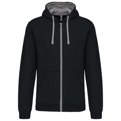 Kariban - Kontrasztos kapucnis, cipzáras, zsebes férfi pulóver - Fekete/Szürke - 2XL