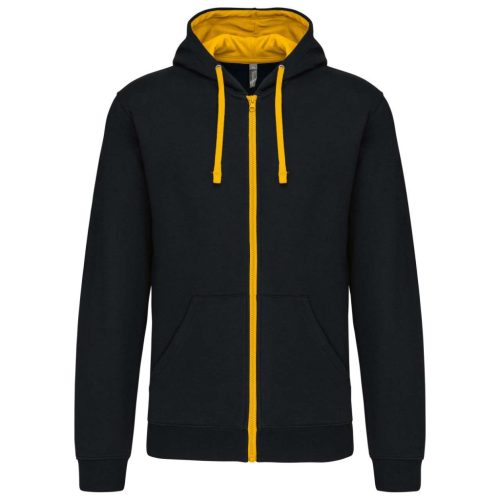 Kariban - Kontrasztos kapucnis, cipzáras, zsebes férfi pulóver - Fekete/Sárga - 2XL