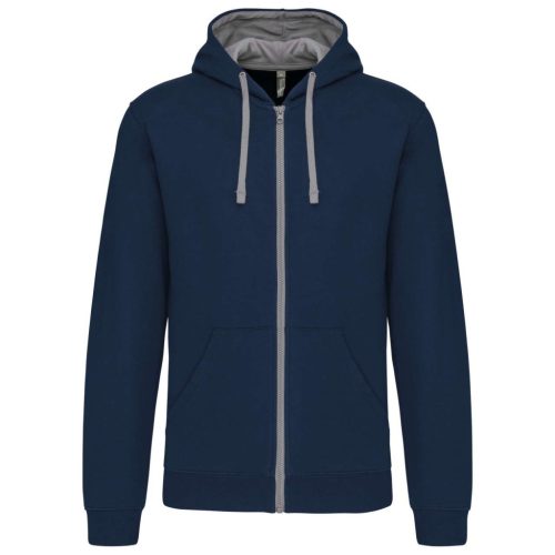 Kariban - Kontrasztos kapucnis, cipzáras, zsebes férfi pulóver - Tengerészkék/Szürke - 3XL