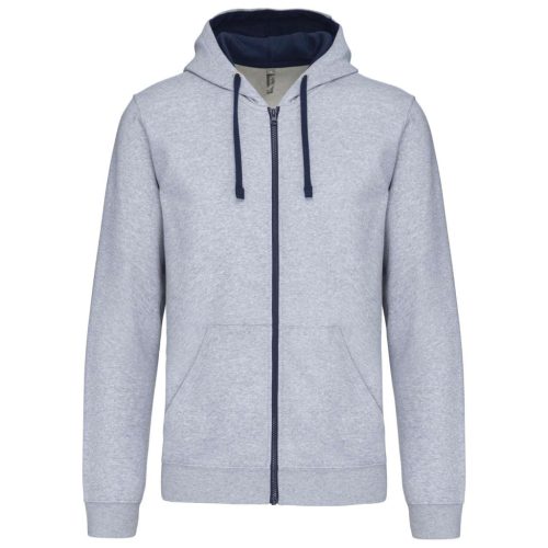 Kariban - Kontrasztos kapucnis, cipzáras, zsebes férfi pulóver - Szürke/Tengerészkék - 2XL
