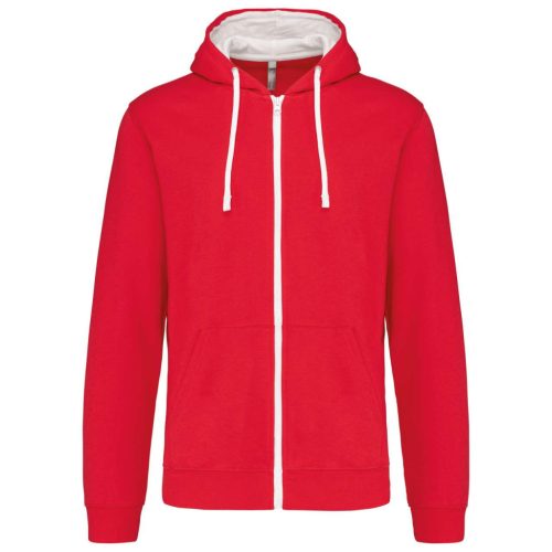 Kariban - Kontrasztos kapucnis, cipzáras, zsebes férfi pulóver - Piros/Fehér - 2XL