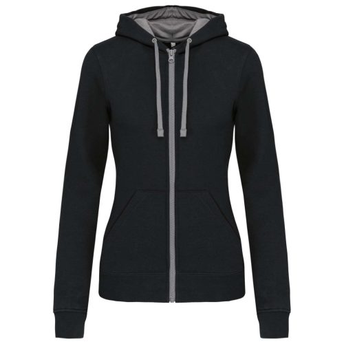 Kariban - Kontrasztos kapucnis, cipzáras, zsebes női pulóver - Fekete/Szürke - 2XL