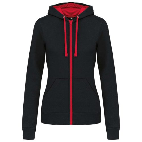 Kariban - Kontrasztos kapucnis, cipzáras, zsebes női pulóver - Fekete/Piros - 2XL