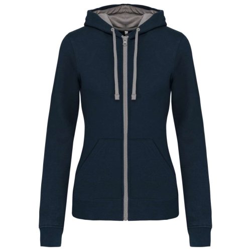 Kariban - Kontrasztos kapucnis, cipzáras, zsebes női pulóver - Tengerészkék/Szürke - 2XL