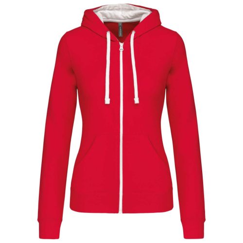 Kariban - Kontrasztos kapucnis, cipzáras, zsebes női pulóver - Piros/Fehér - 2XL